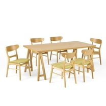 GDF Studio Isador Mid Century Modern Fabric Upholstered Wood 7 Piece Dining Set, Green Tea and Natural Oak