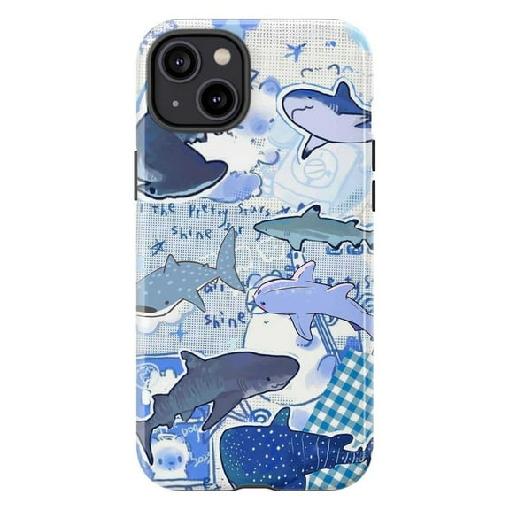 Cute Blue Shark Collage Phone Case with Mixed Patterns and Sketches, Protective Cover for iPhone 16 15 14 13 12 Pro Max Mini