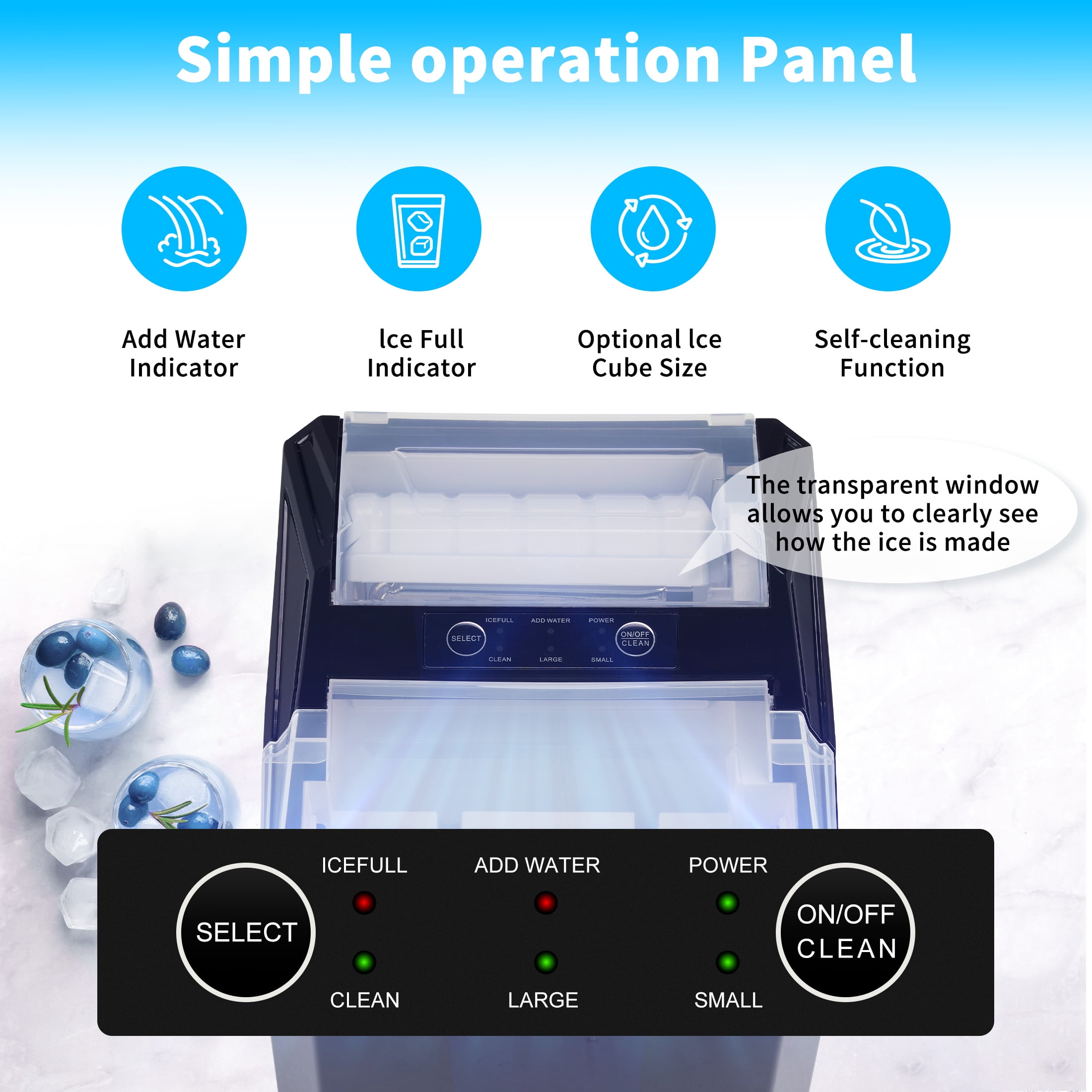 Countertop Ice Makers,Self-Cleaning Portable Ice Machine,26.5lbs in 24Hrs, 9 Cubes Ready in 8 Mins