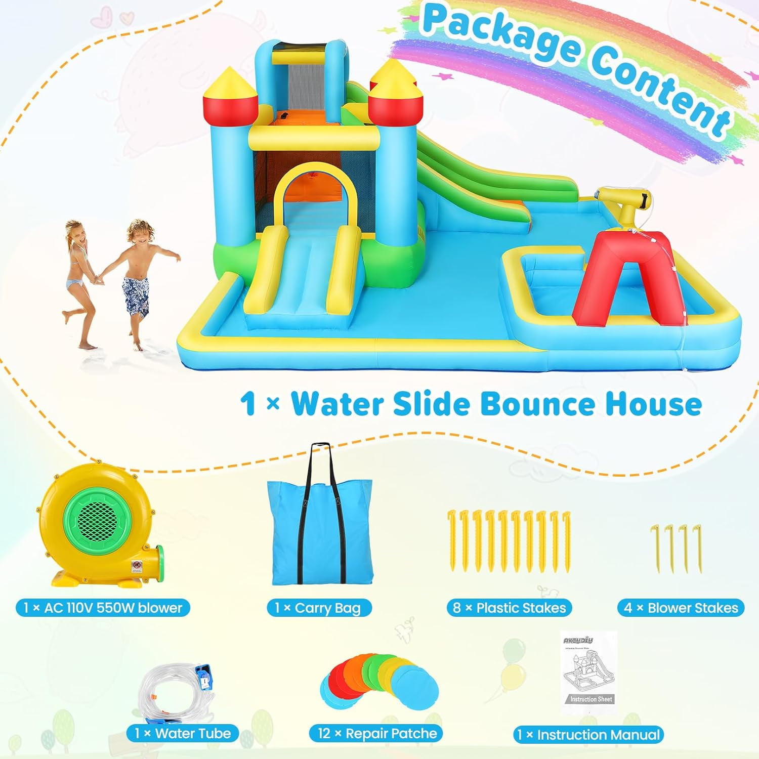 Veeboto 6-in-1 Water Slide with 550W Blower, Inflatable Bounce House with Climbing Wall, 2 Inflatable Slides, Basketball Hoop, Deep Pool, Bounce Zone for Kids, Indoor Backyard Party