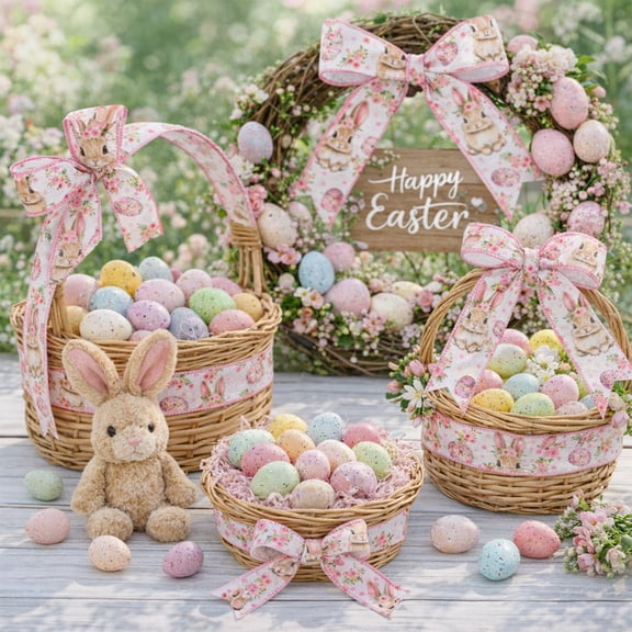 Easter Ribbon, Spring Decorative Ribbon With Bunny Print, Diy Craft Ribbon For Gift Wrapping Bows Floral Arrangements(A)
