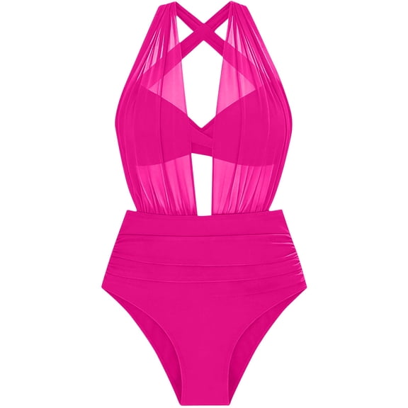 Women's One Piece Swimsuit Mesh Halter Swimwear Trendy High Cut Leg Swimsuits Summer Bathing Suits XS