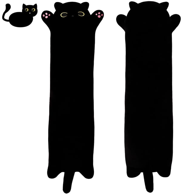 Almohada SNOWOLF de peluche con forma de gato negro, suave y larga, 70 cm, para niños
