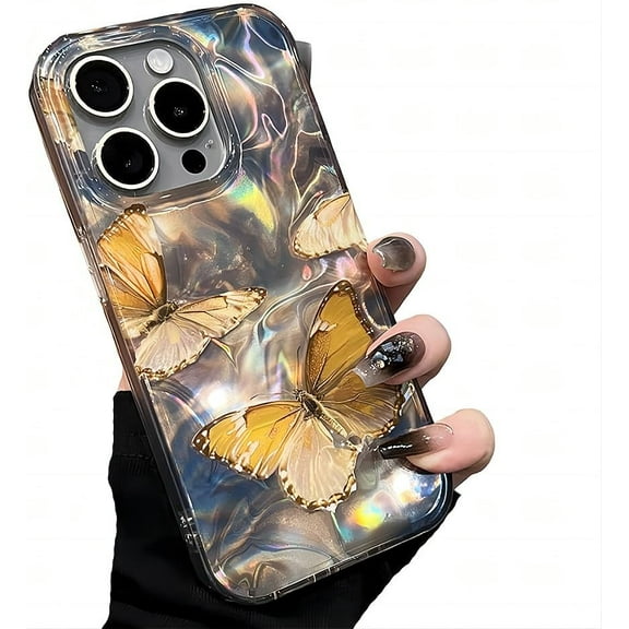 for iPhone Case,Water Ripple Butterfly Pattern Silicone Bumper Camera Lens Protection Soft Shockproof Phone Case (Gold,iPhone 13)
