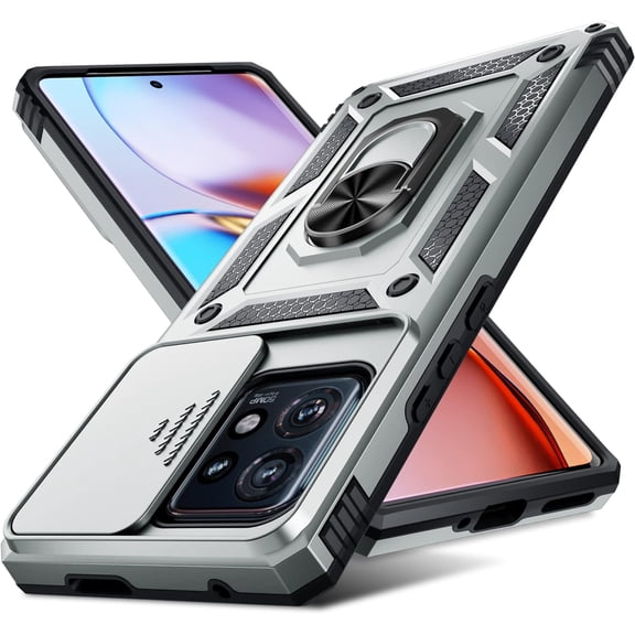 Compatible with Moto Edge Plus 2023 Case Built in Slide Camera Lens Cover Finger Ring Holder Metal Kickstand,Heavy Duty Shockproof Full Body Cover,Silver