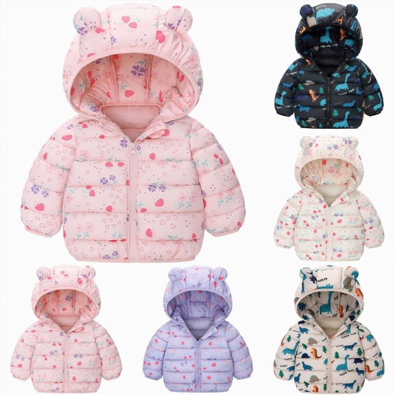 Nwiuh Infant Baby Cute Cartoon Prints Winter Jacket Bear Ear Hood Warm Puffer Coat 12M-4T (Pink, 18-24 Months)