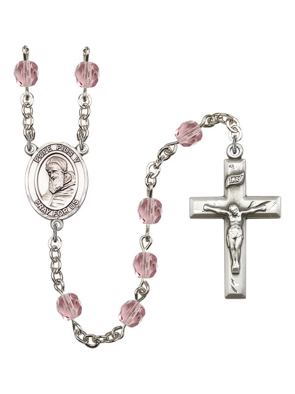 Silver Finish St Pius X Rosary with 6mm Pink Color Fire Polished Beads St Gift Boxed and 1 3/8 x 3/4 inch Crucifix Pius X Center