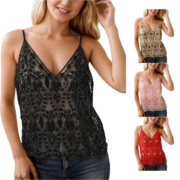 Rggeeun Womens Tank Tops Boho Hollow Out Design Beads V Neck Spaghetti Strap Flowy Camisole Loose Fit for Summer Gym Cozy Tops,Black,L