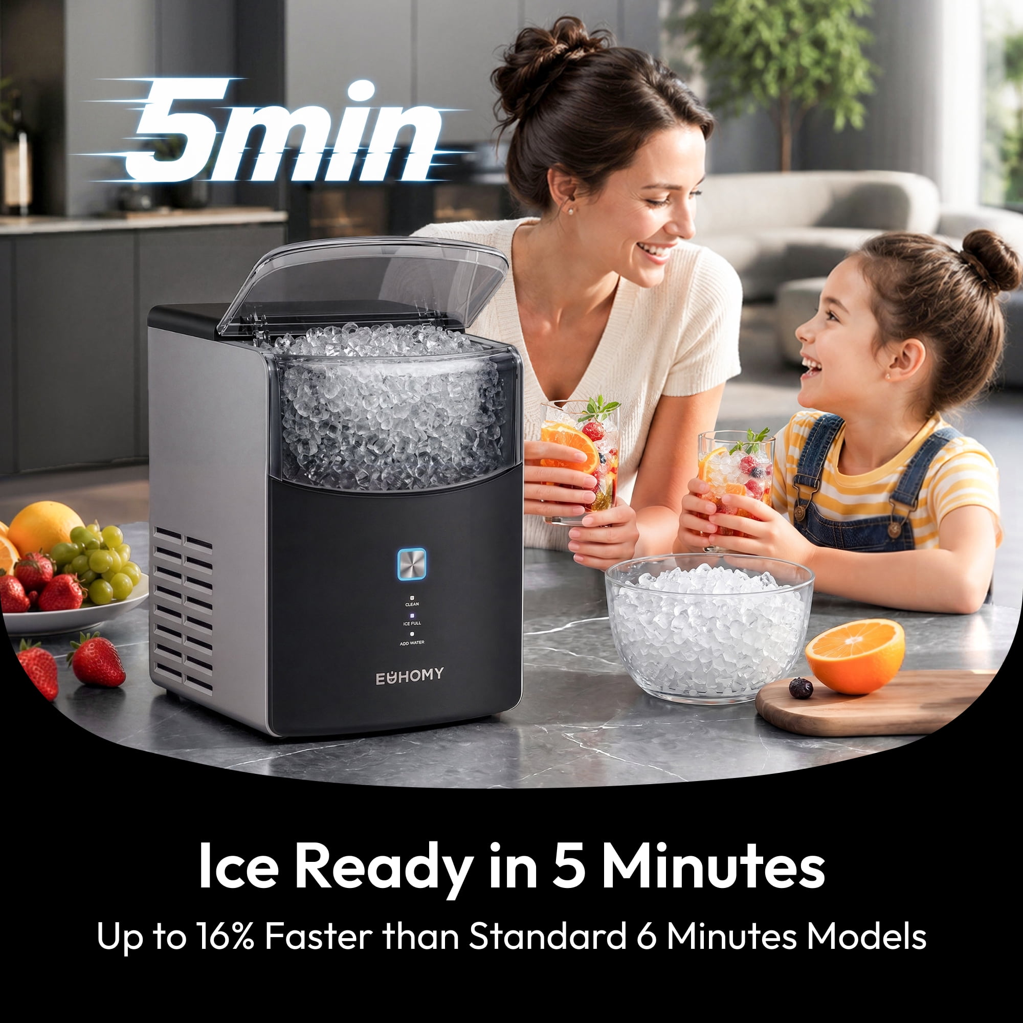EUHOMY Countertop Nugget Ice Maker,36 lbs/24H ，Self-Cleaning, 30% Better Insulation, Quiet, Black