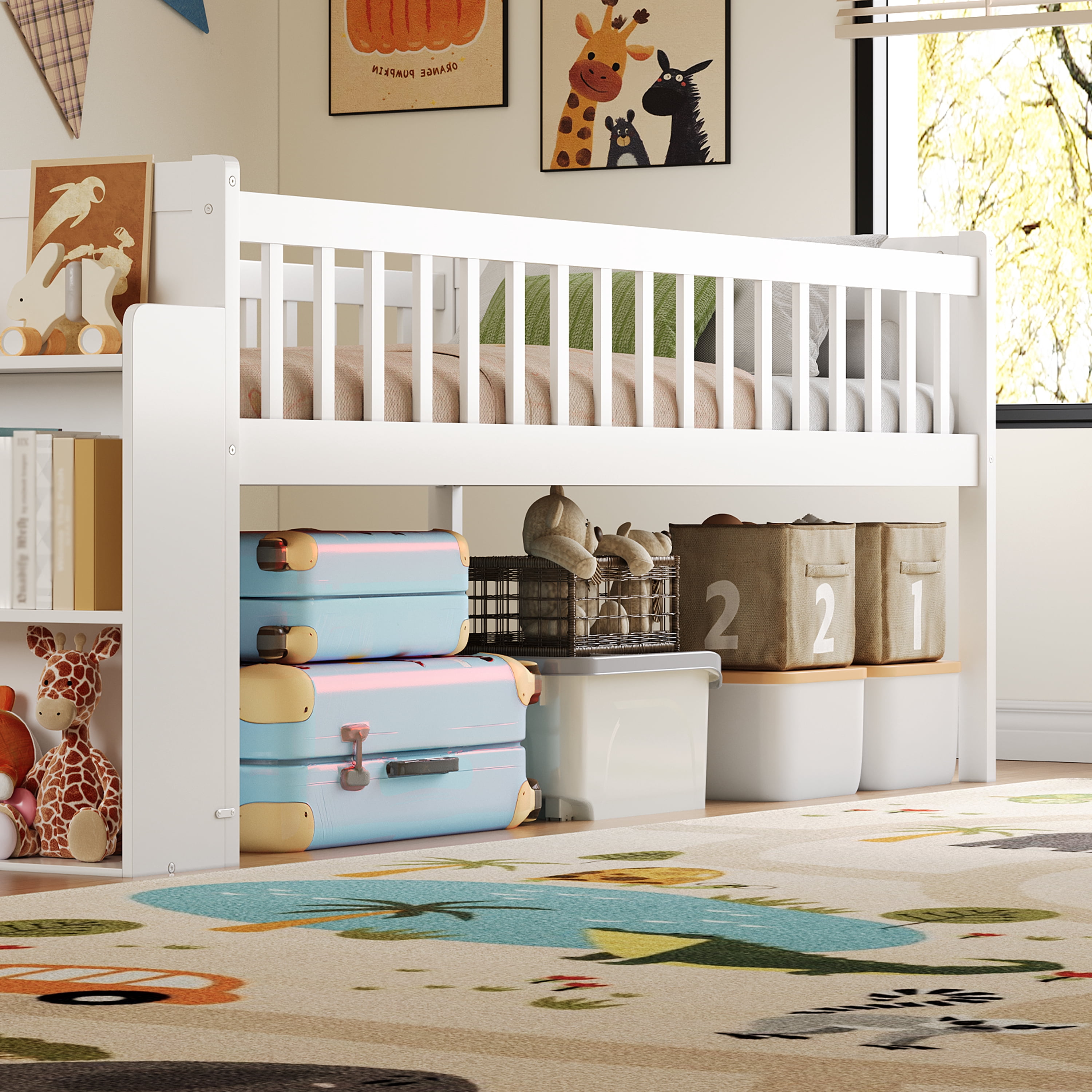 Euroco Wood Twin Size Loft Bed with Slide, Storage Bed with Guardrail ans Shelves, White