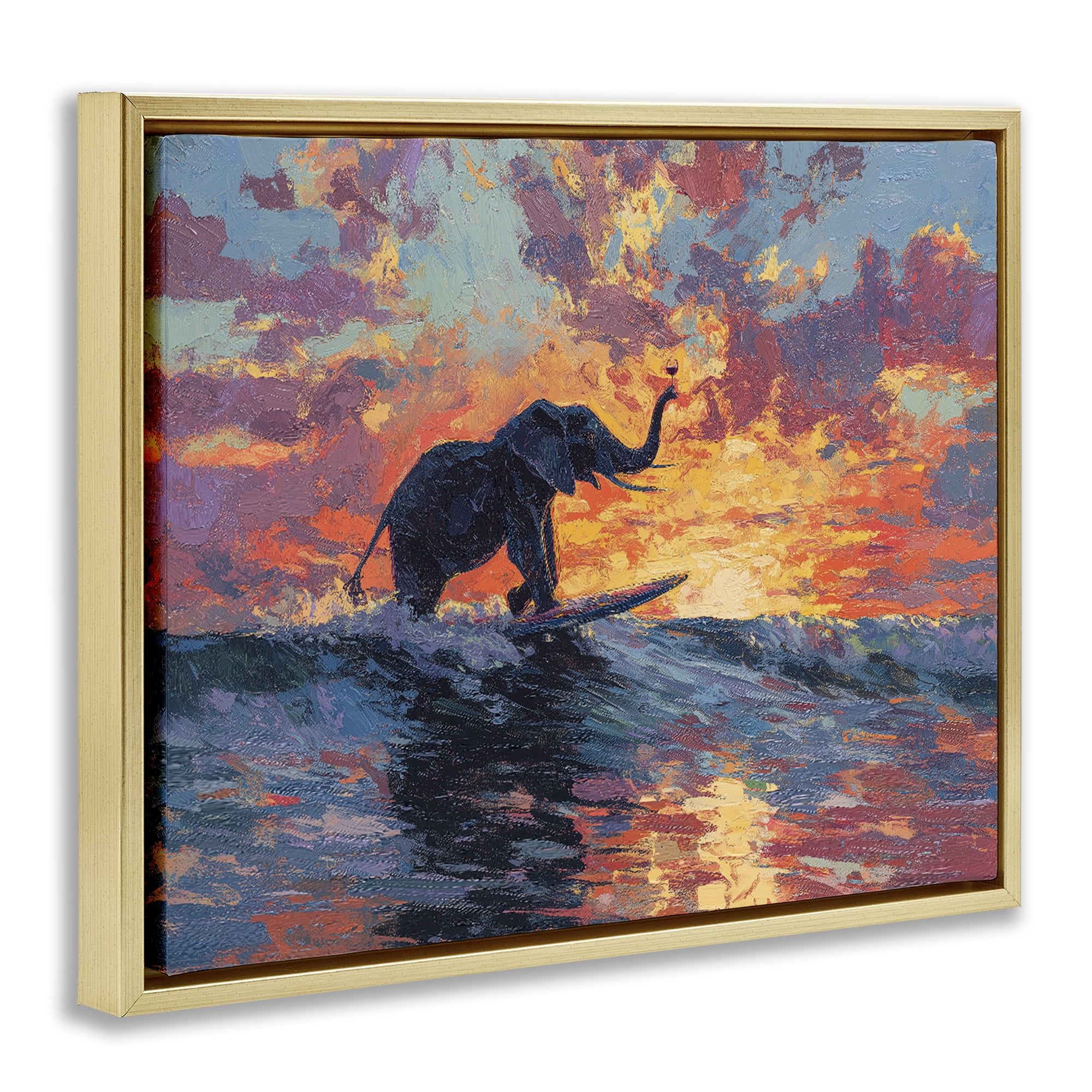 Sunset Surf Elephant Gold Framed Floater Canvas Wall Art, design by Ziwei Li