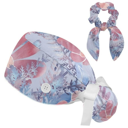 

Working Cap with Buttons and Sweatband Scrub Hat Bouffant Caps with Scrunchie Floral Pattern Tie Back Hats