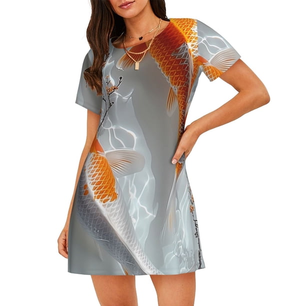Disketp Koi Fish Water para Camisón Corto de Manga Corta para Mujeres, Camisón Cómodo con Escote Redondo, Bonito y Confortable