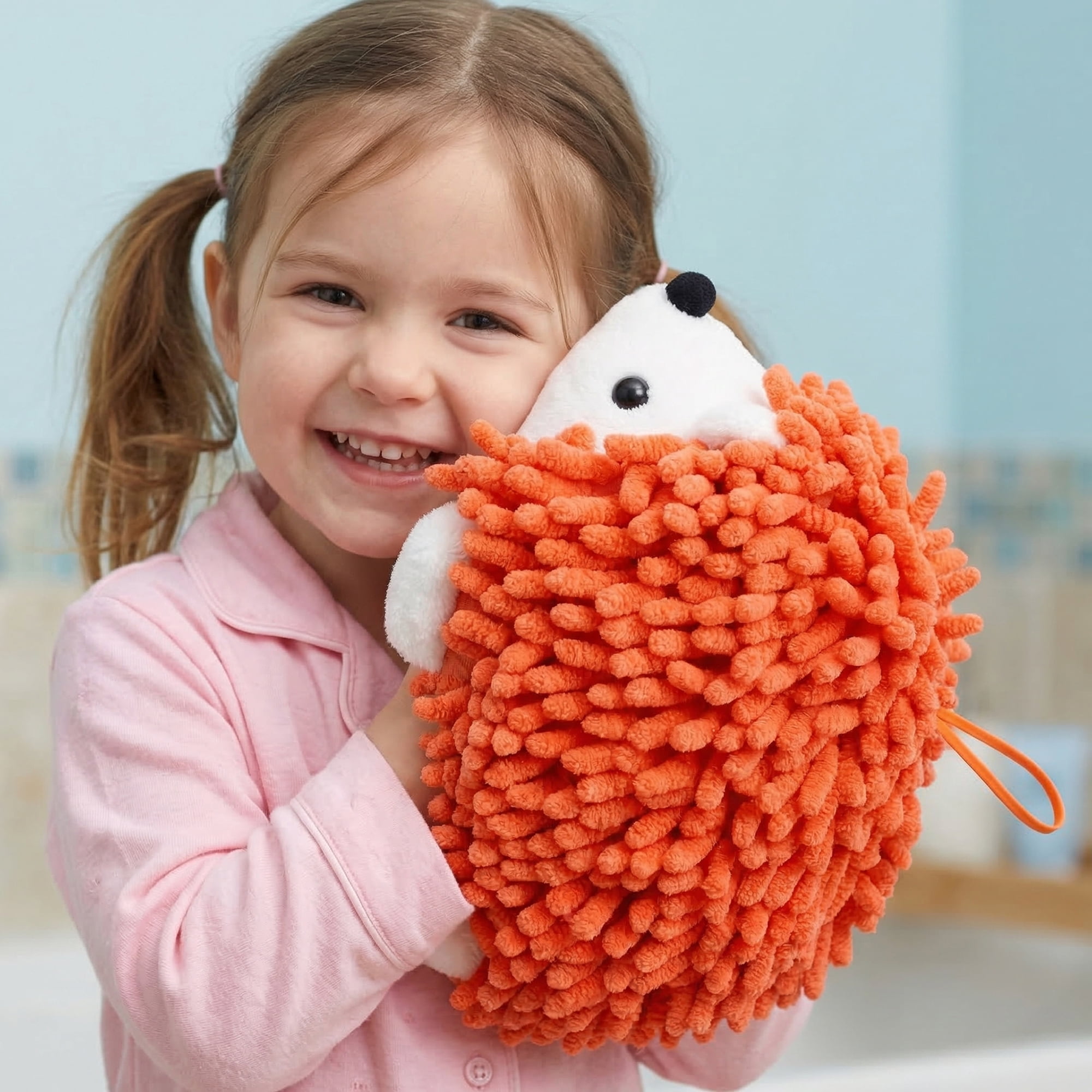 Unique Bargains Cute Animal Chenille Hanging Absorbent Hand Towel Orange/Green 10" x 6"