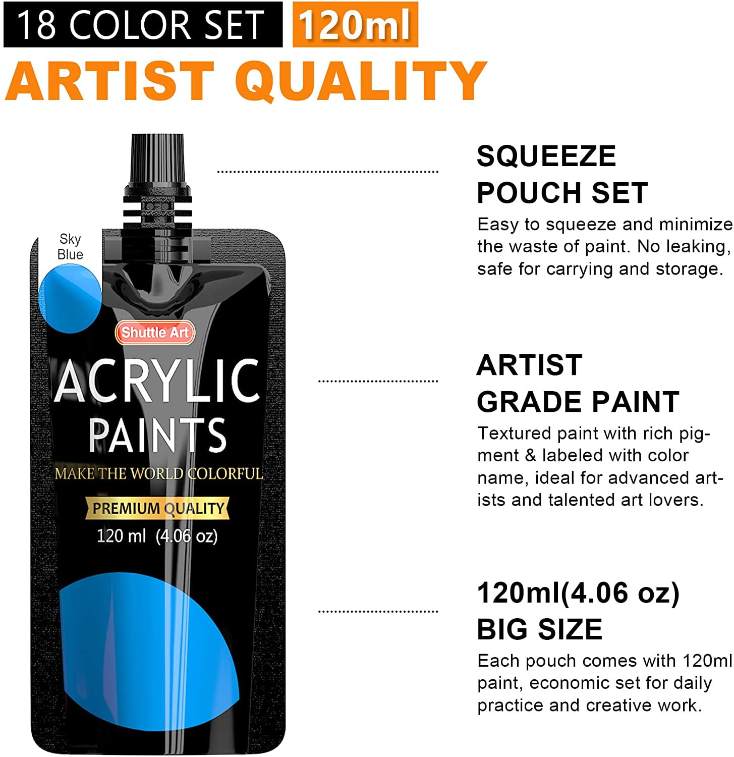 Acrylic Paint, Shuttle Art 18 Colors Acrylic Paint Pouches (120ml/4.06oz), Artist Grade Acrylic Paint Set, Rich Pigments, Non-Toxic for Artists, Beginners and Kids