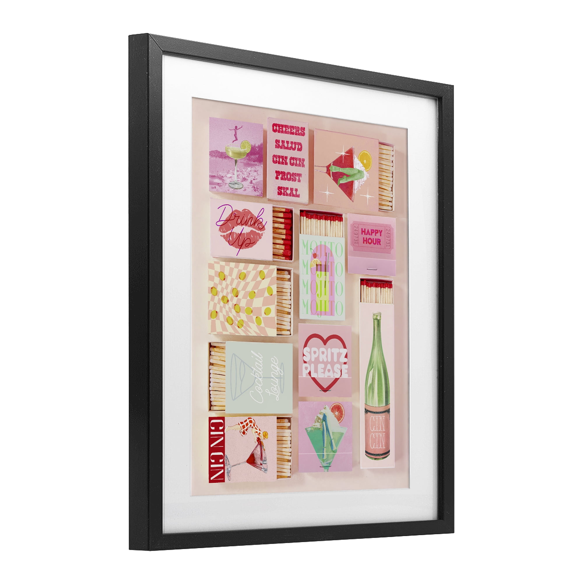 Glam Cocktails Retro Matches Black Framed Print Under Glass, design by Lil' Rue