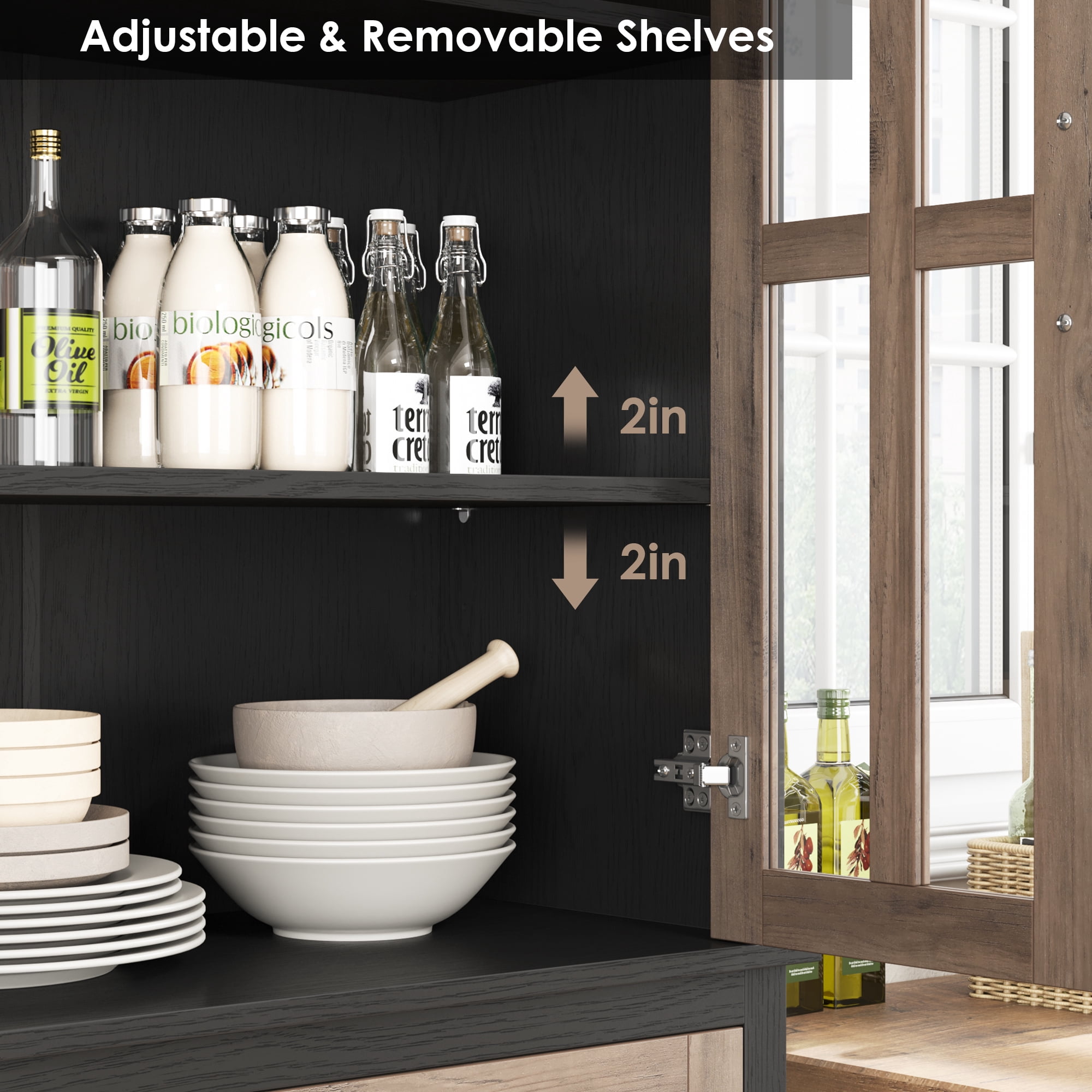 Homfa Modern Storage Cabinet with Glass Doors, 71'' Kitchen Pantry with Adjustable Shelves, Wood Bookcase, Black & Oak