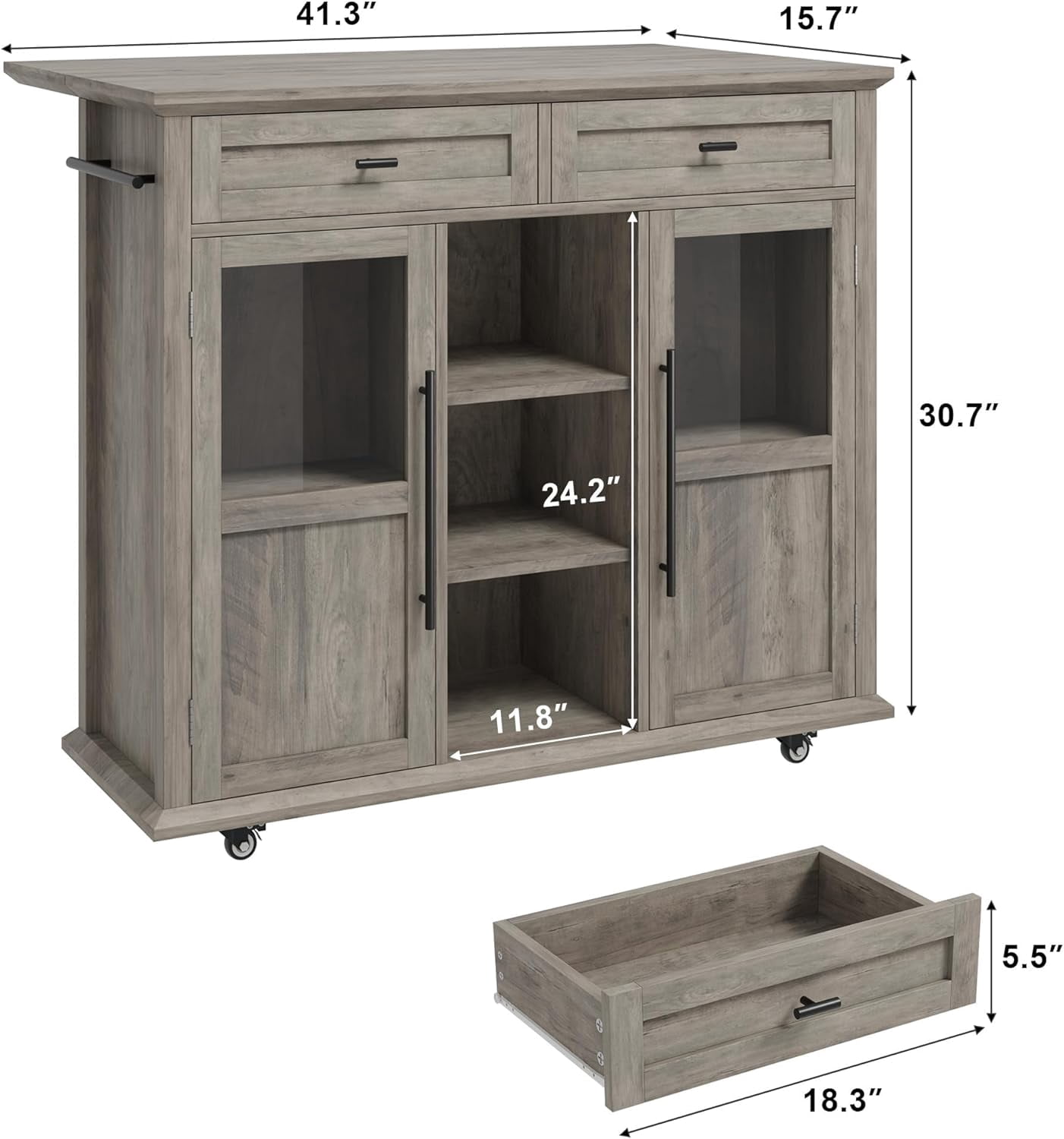 Rolling Kitchen Island Cart with Storage, Foldable Drop Leaf Top, 2 Glass-Door Cabinets, 2 Large Drawers, Spice Rack & Towel Bar, Mobile Kitchen Cart on Lockable Wheels, Grey
