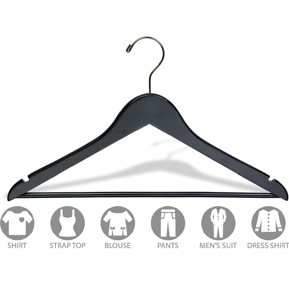 The Great American Hanger Company Black Wooden Suit Hangers with Solid Wood Pant Bar, Flat Hangers with Notches and Swivel Hook Box of 8