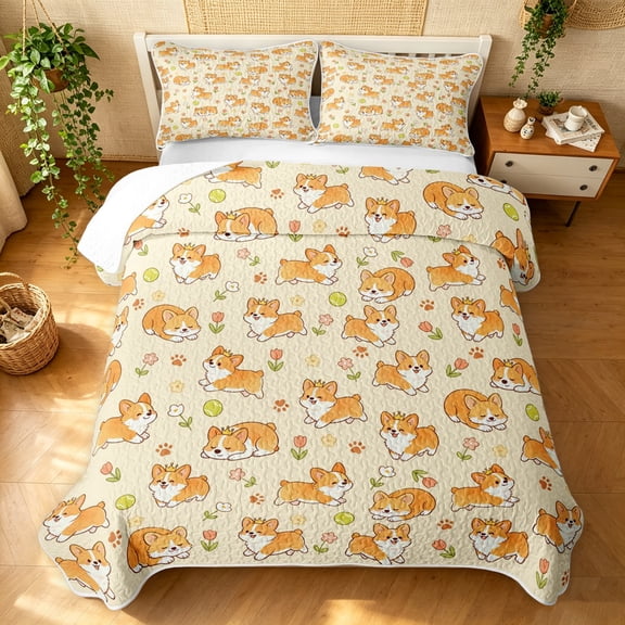 Manfei Cute Dalmatian Corgi Twin Quilt Set, Spring Tulip Flower Twin Coverlet Set, Cream, 2-Piece, 1 Bedspread and 1 Pillowcase