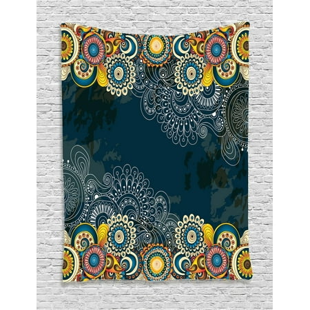 Floral Leaf Hanging Fixture - Psychedelic Tapestry, Floral Bizarre Design Vintage Ornaments Leaves Paisley Pop Art Mandala Print, Wall Hanging for Bedroom Living Room Dorm Decor, Blue Yellow, by Ambesonne