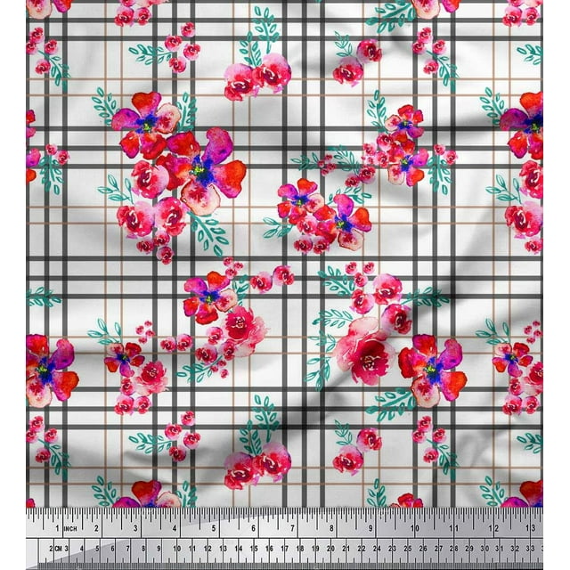 Soimoi White Georgette Viscose Fabric Check & Floral Print Sewing Fabric Yard 42 Inch Wide