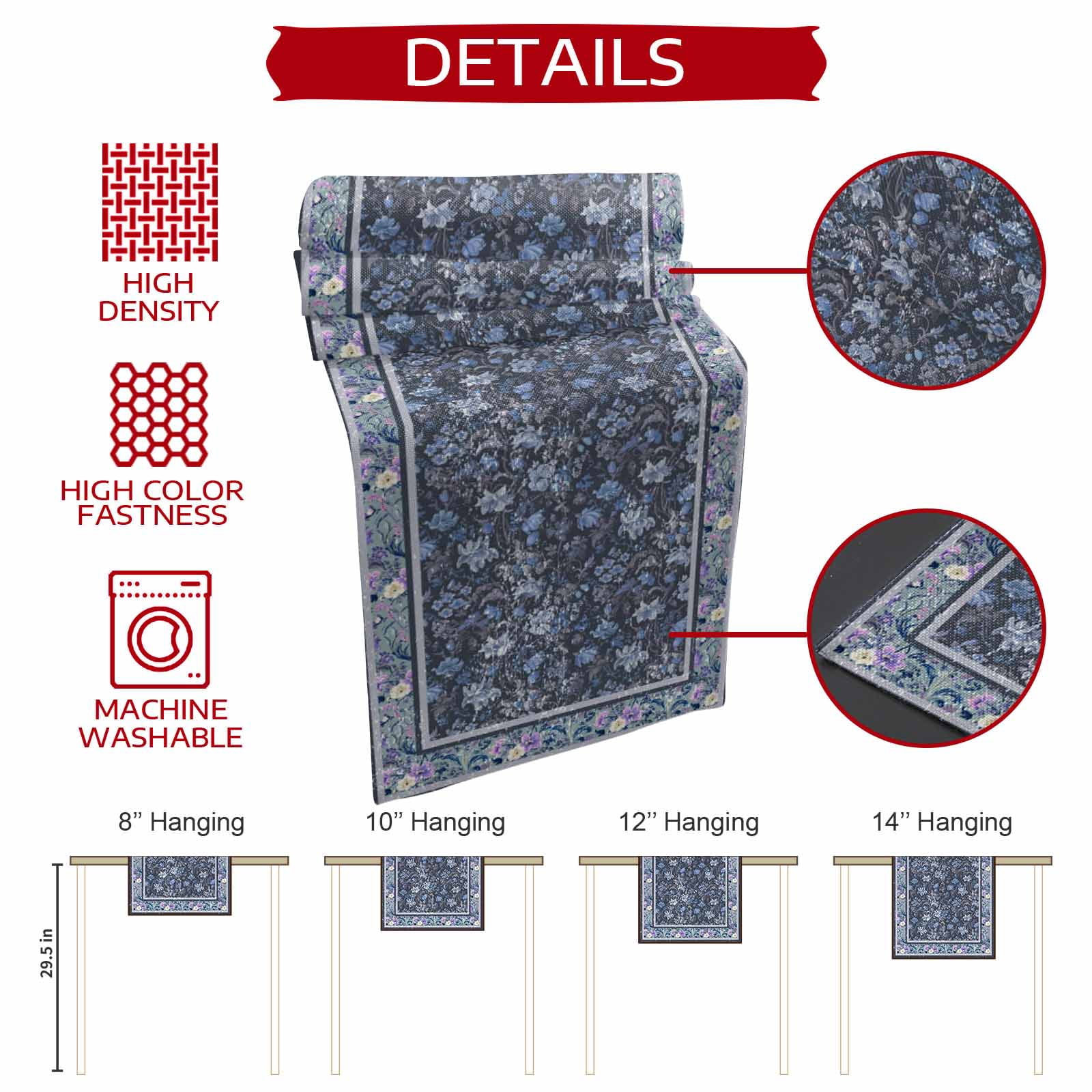 Table Runners 72 Inches Long Dress Scarves, Navy Blue Floral Boho Farmhouse Kitchen/Dining Table Runner, Coffee Tablerunners, Ethnic Tribe Abstract Art Flower 16x72 Inch