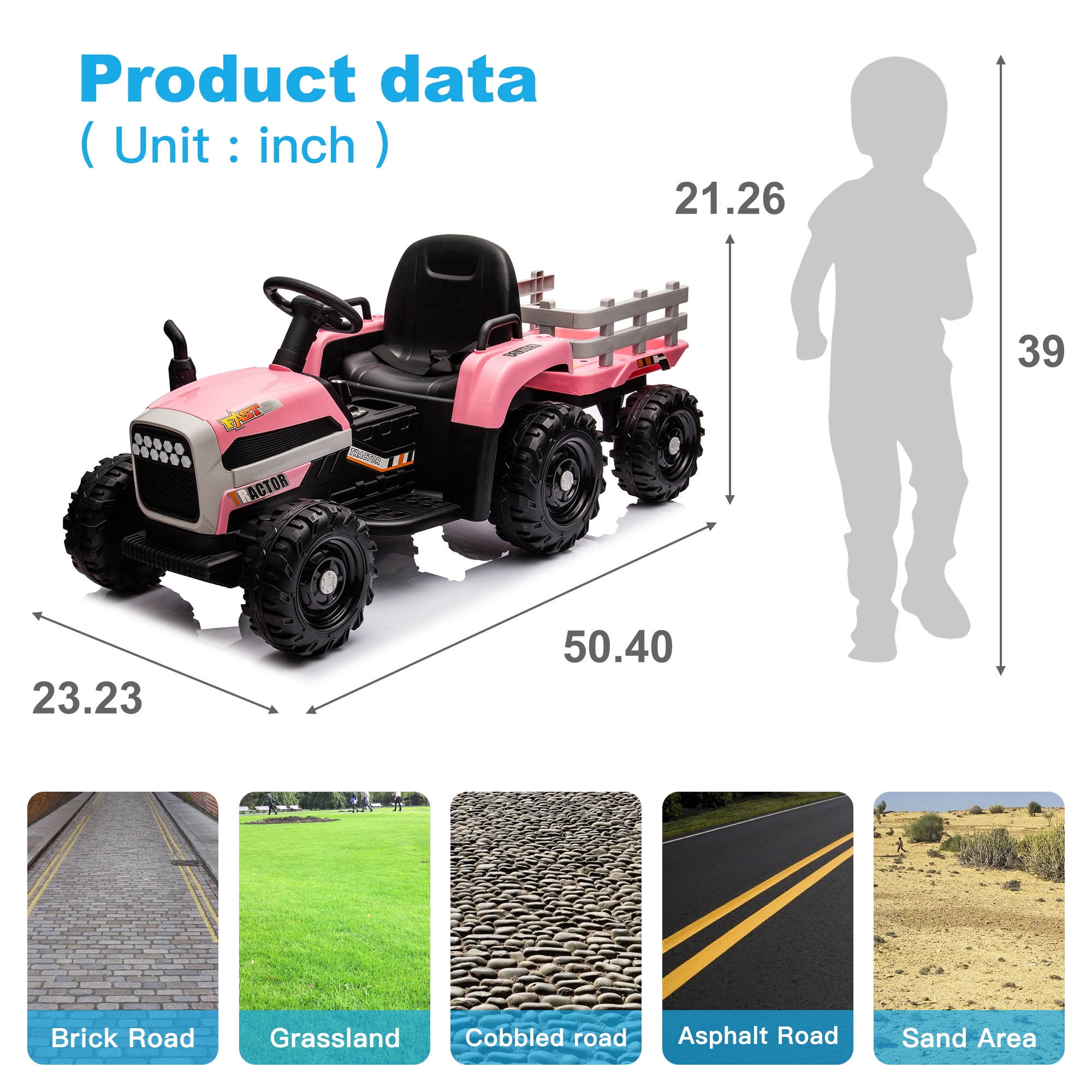CIPACHO 12v Battery-Powered Kids Toy Tractor with Trailer and 3-Gear-Shift Ground Loader Ride On with USB&Bluetooth Audio Functions, Pink CIPACHO 12v Battery-Powered Kids Toy Tractor with Trailer and 3-Gear-Shift Ground Loader Ride On with USB&Bluetooth Audio Functions, Pink