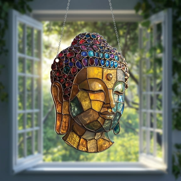Window Hanging Buddha Face, Car Decoration, Stained Glass Style Suncatcher, Spiritual Art Gift for Dad or Mom, Unique Home Décor, Zen Meditation, Boho Room Decoration