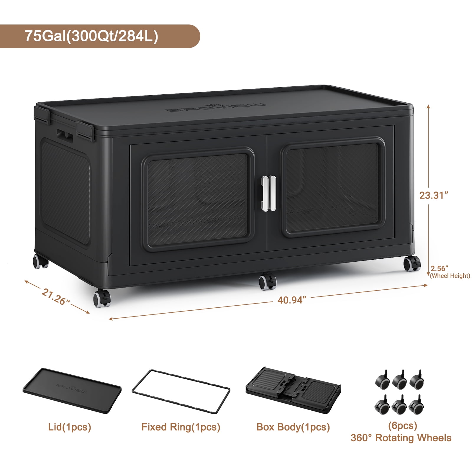 BROVIEW 75Gal Extra Large Storage Bins with Lid, 300Qt Plastic Stackable Storage Bins with Wheels, Collapsible Closet Organizer and Storage Drawers, Storage Cabinets for Home, Office, 1 Pack, Black