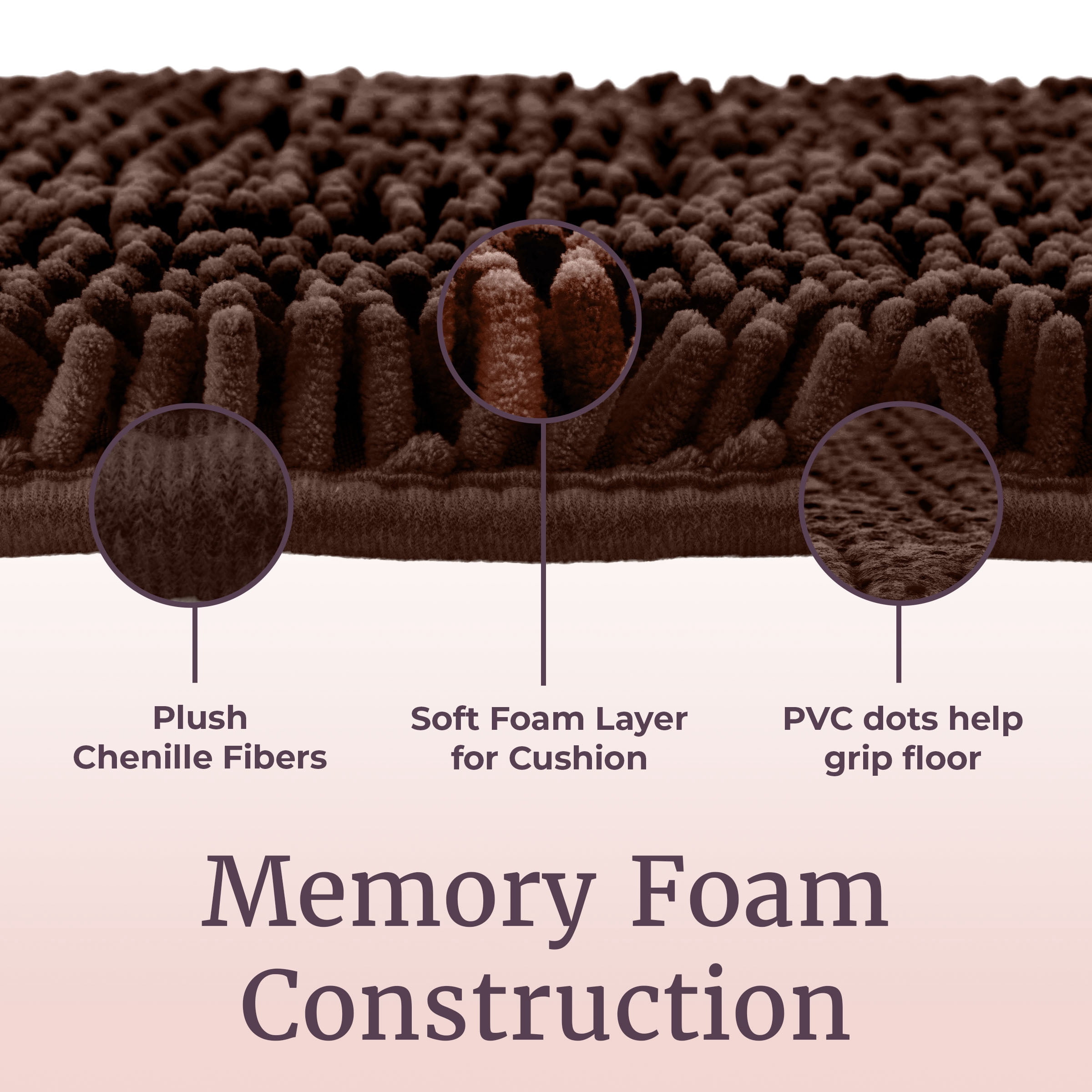 Lavish Home 58x24 Memory Foam Bath Mat with Plush Chenille Shag (Chocolate)