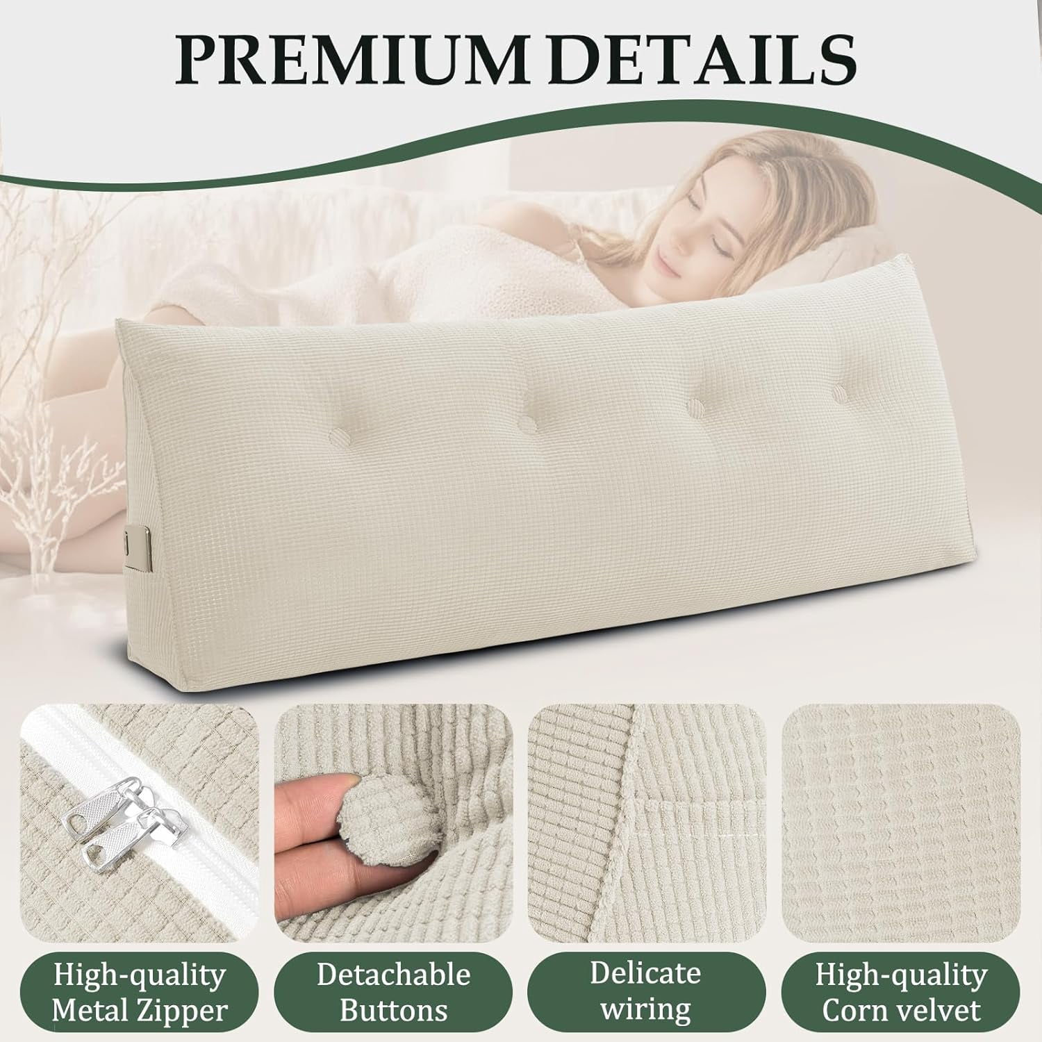 Soft Headboard Pillow Full Size, Wall Backrest Wedge Pillow Headboard Full, Reading Backboard Pillows, Large Dorm Daybed Bolster Pillows for Back Support with Removable Cover, Beige