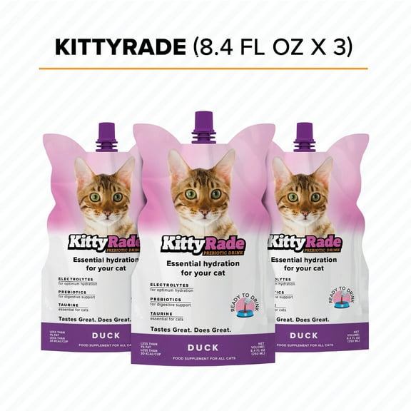KittyRade Prebiotic & Electrolyte, Hydration Drink for Cats/Delicious Duck/Cats 6 Weeks and Older/Digestion & Immune Support/Taurine Essential for Eye and Heart Health/3 - 8.4 fl oz Pouches