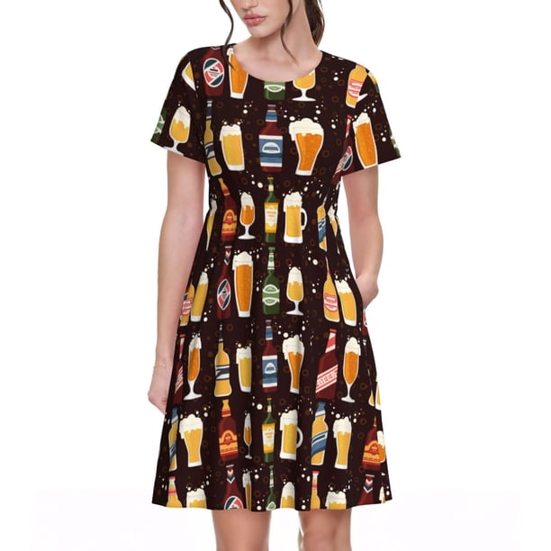Disketp Beer Bottles1 para Vestido de Manga Corta para Mujeres, Vestidos de Verano para Mujeres, Casual y Holgado para la Playa