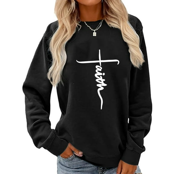 Women Christian Sweatshirt Crucifix Printed Shirt Ladies Religious Faith Casual Crewneck Long Sleeve Top