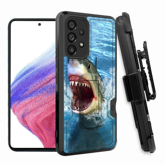 ANJ  Rugged Shockproof Hoster Case w/Card Slot, Kickstand   Tempered Glass Cover for Samsung Galaxy A33 5G - Shark Attack