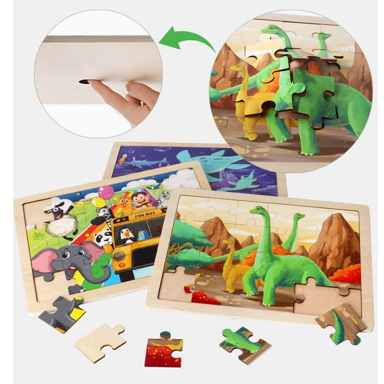 Wooden Dinosaur Puzzles for Kids Ages 3-5.4 Packs 24 PCs Jigsaw