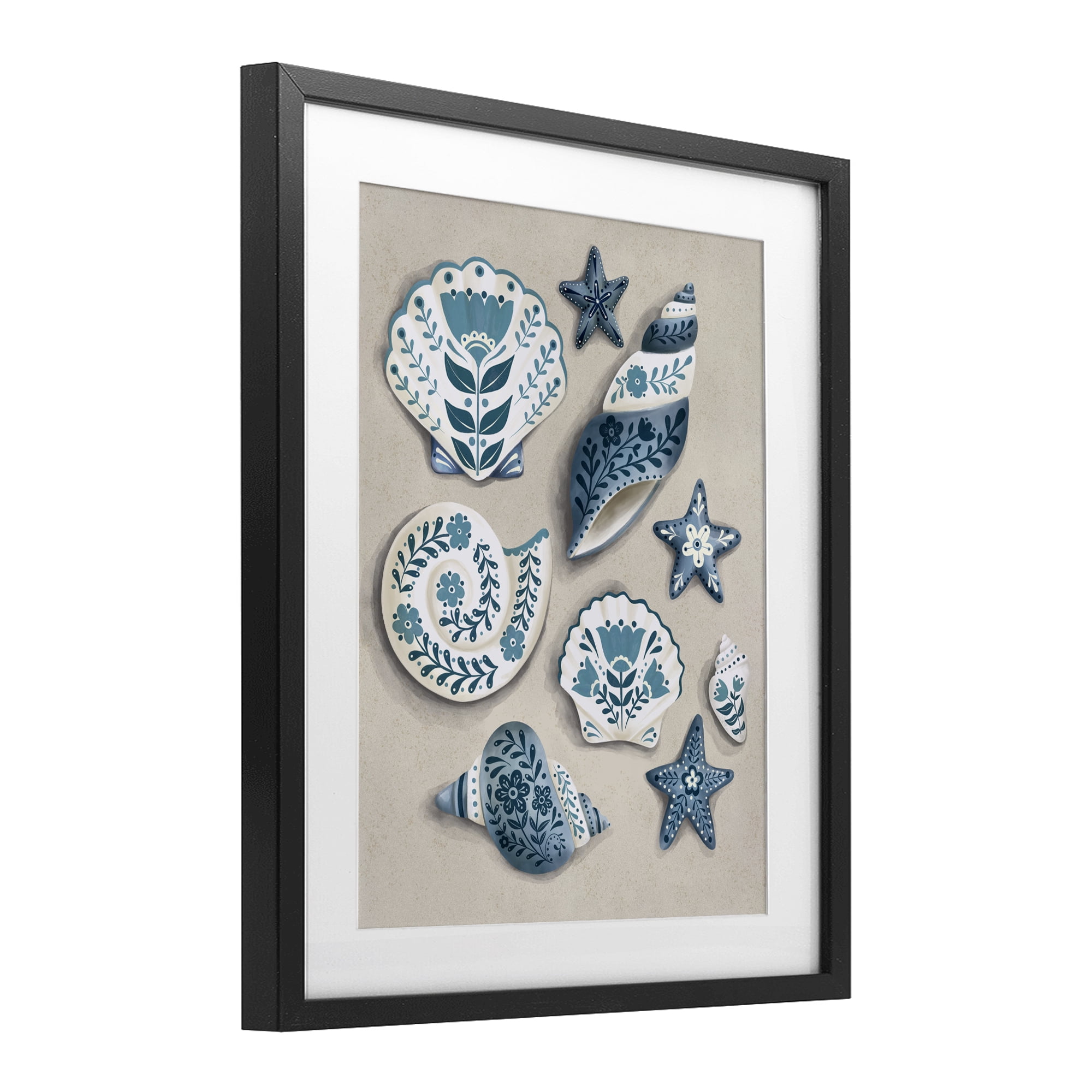 Stupell Industries Teal Nautical Floral Seashells Black Framed Print Under Glass, design by Penny Aguilera