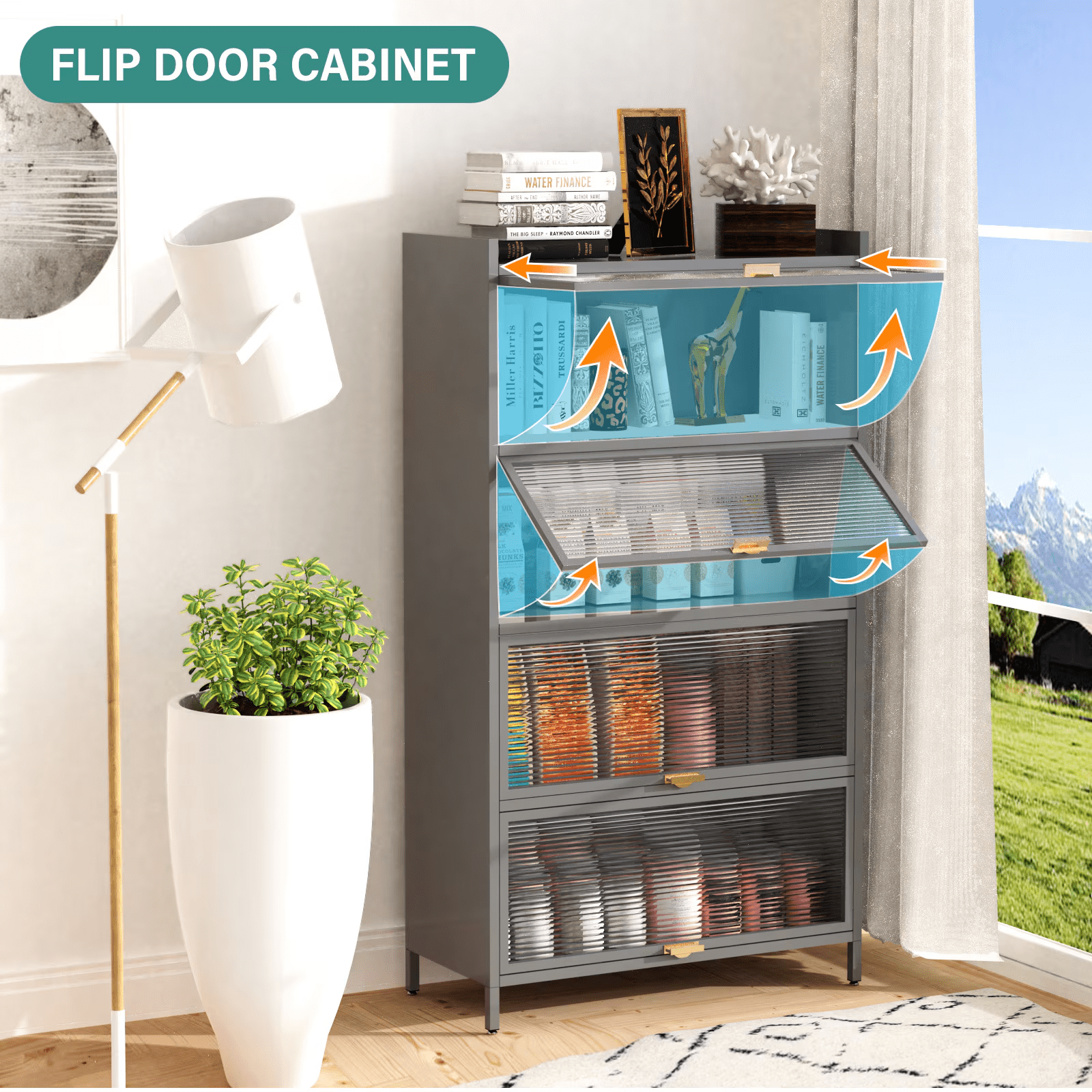 Aukfa 5 Tier Metal Pantry Storage Cabinet, Kitchen Bakers Rack with Flip-up Doors, Gray