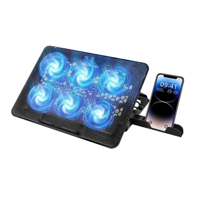 Ventilador para Laptop, Base de Refrigeración Ordenador Portátil con 6 Ventiladores Silenciosos, Enfriador Laptop de 5 Ángulos Ajustables con Luces LED y 2 Puertos USB