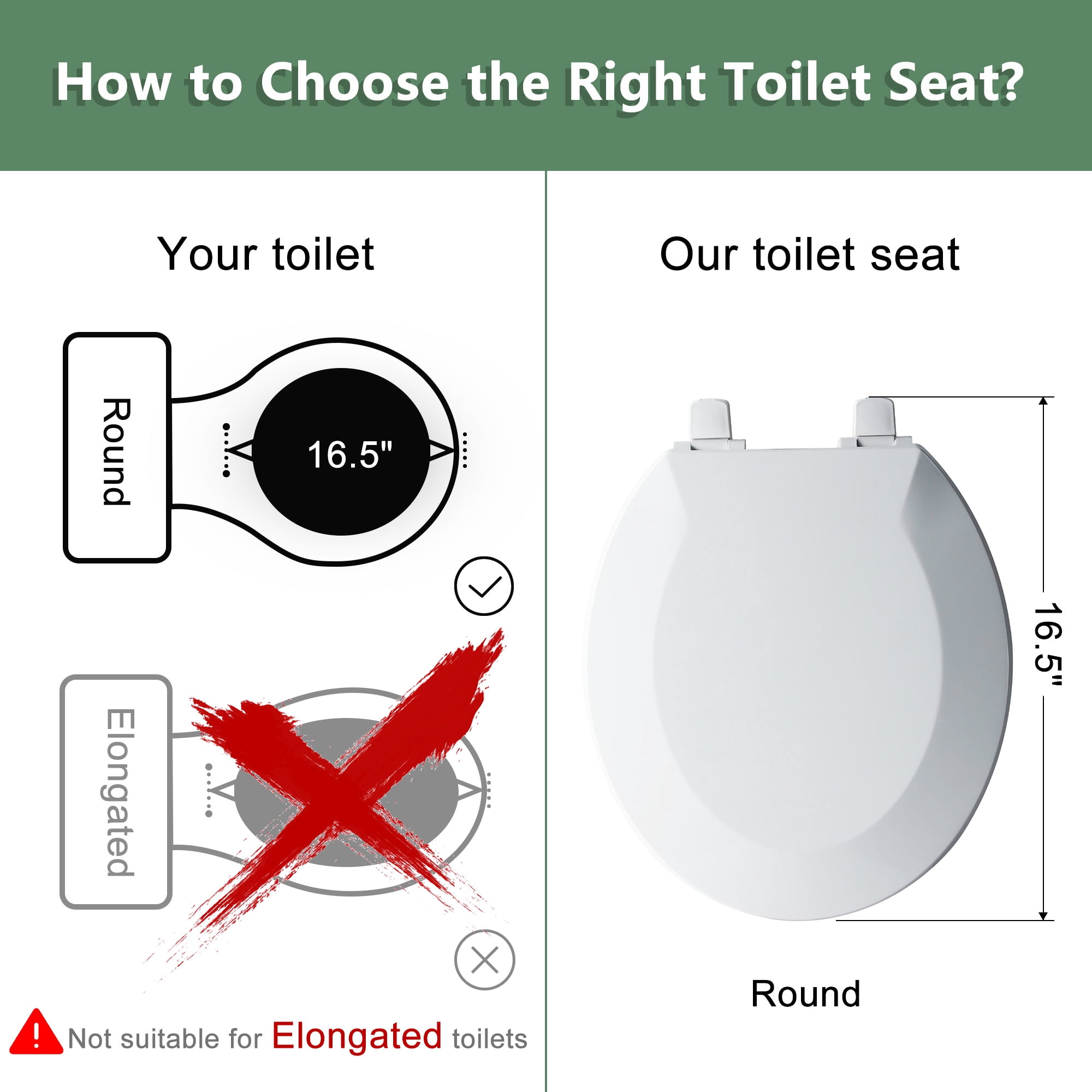 Angol Shiold Round Toilet Seat - Slow Close Hinges, Ergonomic Design with Grip-Tight Bumpers, Safe Easy-Clean PP Material, Fit 16.5" Round, White