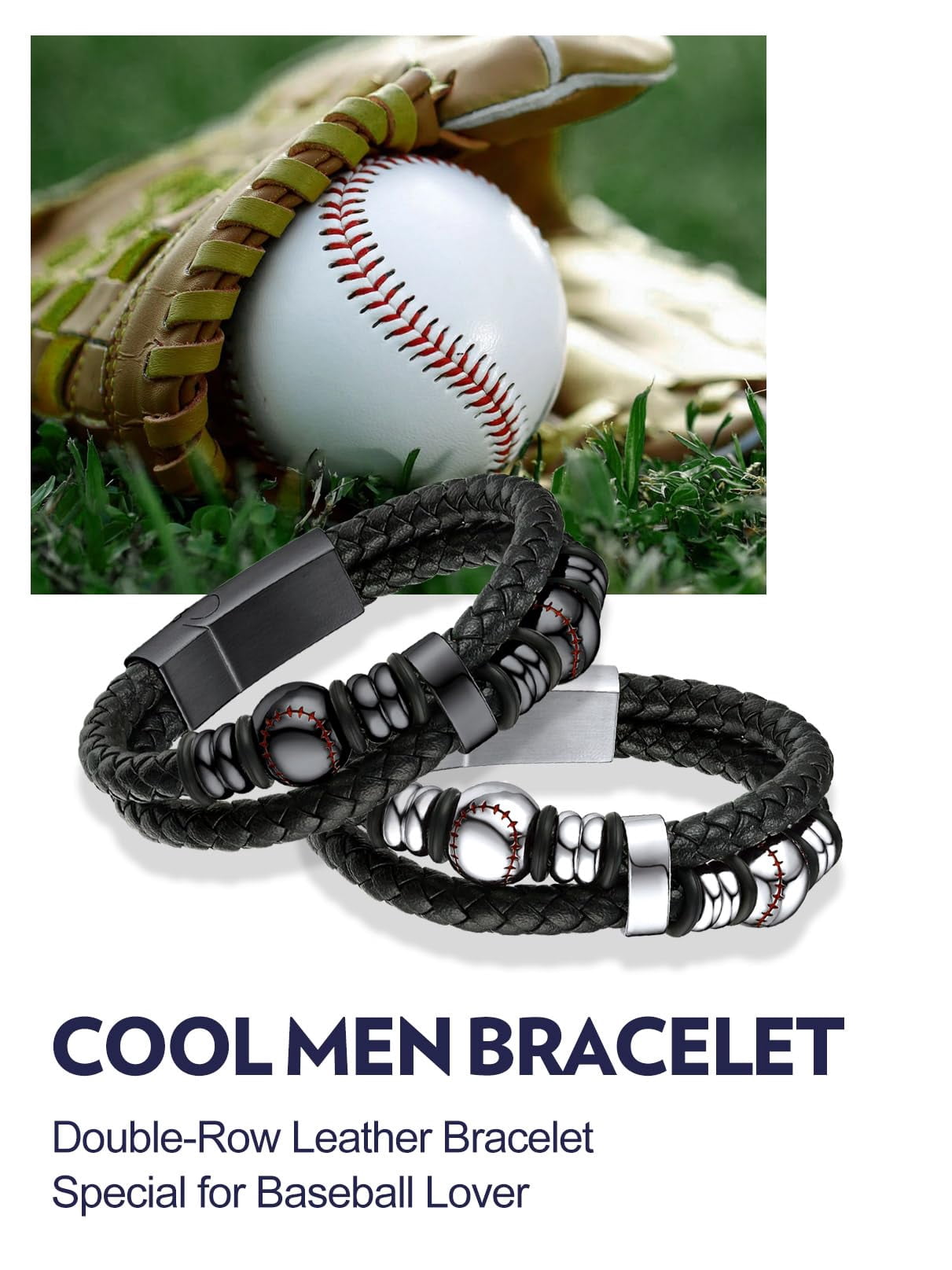 Bandmax Black Leather Bracelets for Men Double-Layer Baseball Braided Rope Bracelet with Stainless Steel Baseball Beads Wristband Wrist Bangle for Birthday Gift