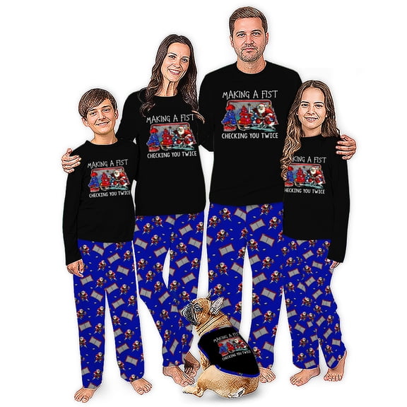Funny Hockey Christmas Matching Family Pajamas, Making A Fist Checking You Twice Holiday Pjs For Family And Pet, Black Blue