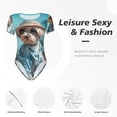 thumbnail image 4 of Lukts Ensemble Élégant Chien en Denim Motif Col Rond Manches Courtes Justaucorps pour Femmes, Justaucorps Basique Extensible T-Shirt Justaucorps Tops-TTG, 4 of 7