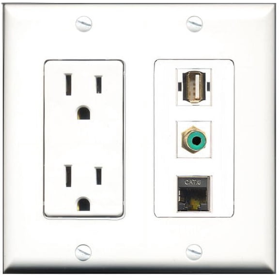 RiteAV - 15 Amp Power Outlet 1 Port RCA Green 1 Port USB A-A 1 Port Shielded Cat6 Ethernet Ethernet Decorative Wall Plate