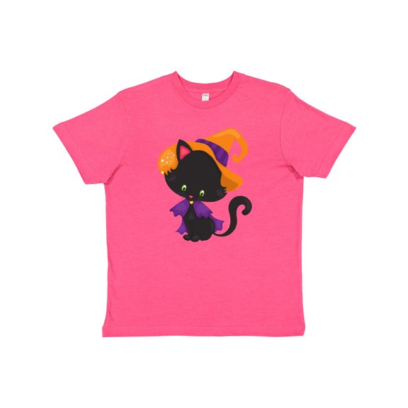 Inktastic Black Cat, Cat Wearing Witch Hat, Halloween Youth T-Shirt