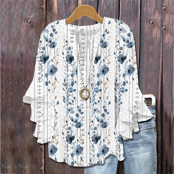 Xdegoge Blouses for Women Notch V Neck Three Quarter Ruffle Sleeve Casual Boho Everyday Wear Loose Fit Floral Print Lightweight Flowy Spring Summer Tops