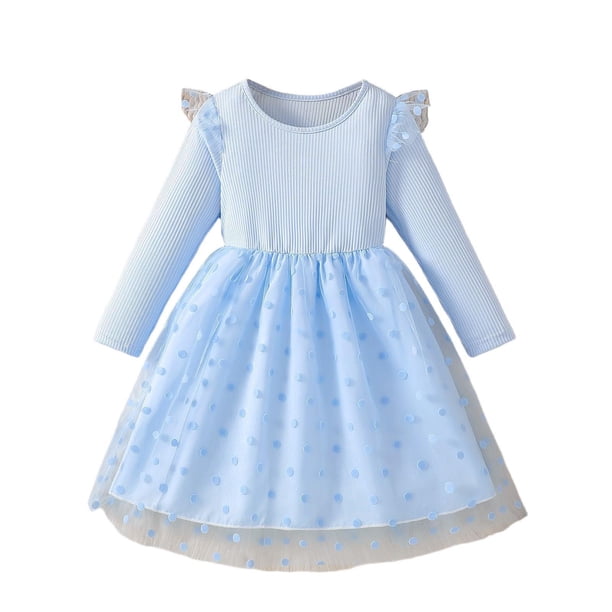 Vestido de cuello redondo y manga larga para niñas Vestido de cuello redondo y manga larga para niñas Falda de malla elegante Vestido de princesa elegante para niñas pequeñas Vestido de poliéster para