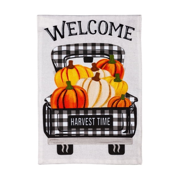 Pumpkin Plaid Truck House Burlap Flag