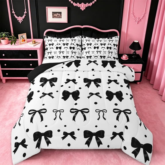 jejeloiu Cartoon Cute Bowknot Twin Comforter Sets,Kawaii Polka Dots Bedding Set For Teens Reversible 2-Piece
